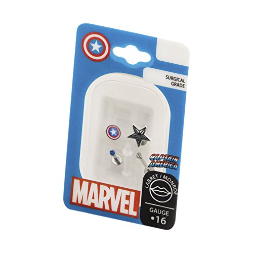 Marvel Comics Unisex Captain America Logo And Gem Top Labrets-16 Gauge (5 Piece In A Pack)2