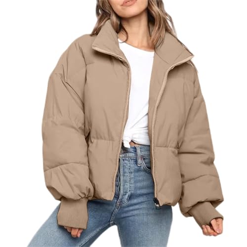 Chaqueta acolchada para mujer, corta, acolchada, holgada, casual, de manga larga, con cremallera, acolchada, cálida, para invierno, ropa de abrigo, 02caqui, L