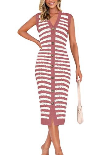 Image of BTFBM Casual Women Spring Dresses 2025 Sleeveless Striped Midi Button Down Dress Ribbed Knit Cardigan Cover Up Dress