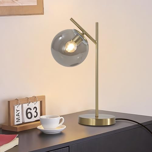 Image of Mid Century Desk Lamp, Glass Globe Table Lamp with Gray Glass lampshade, Gold Modern Bedside Lamps for Bedroom Living Room Study Room