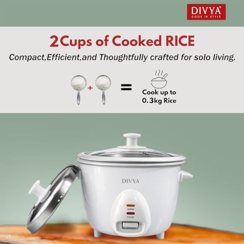 Image of DIVYA 0.6 L Drum Electric Rice Cooker for Home | 300 W | Double Pot Anodised Aluminium | Glass & Stainless Steel Lid | Cook & Keep Warm Function | Compact Rice Cooker | White