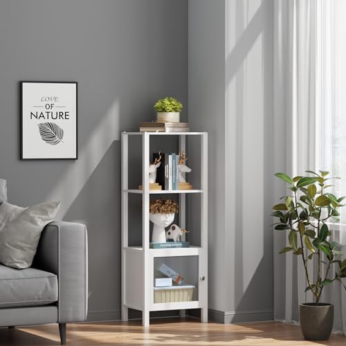 Image of TUTOTAK 4 Tier Bookcase and Bookshelf, Narrow Book Shelf with Door for Small Space, for Living Room, Office, Study, Entryway, White BS03BW004