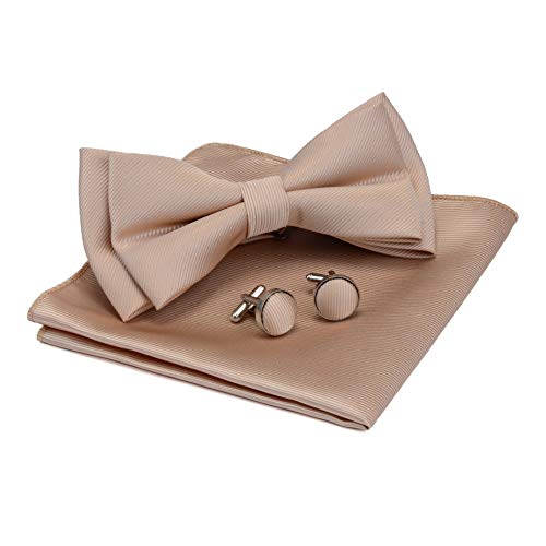 Image of GUSLESON Mens Solid Color Two Layer Pre-tied Bow Tie and Pocket Square Cufflink Set with Gift Box
