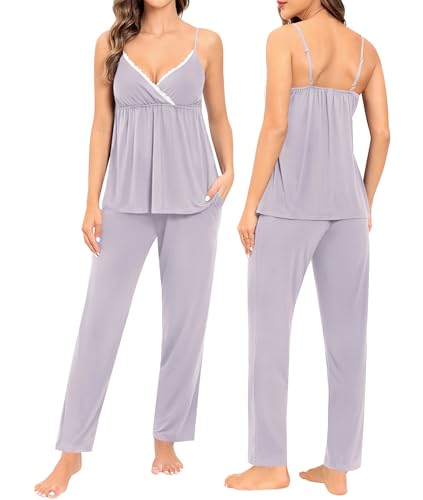 Image of SWOMOG Maternity Nursing Robe Set 3 Piece Breastfeeding Pajamas 3 in 1 Labor Delivery Sleevless Tops&Long Pants Pregnancy Pjs