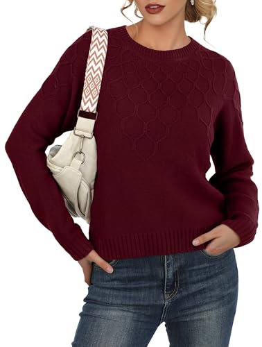 GRECERELLE Women's Pullover Sweater Chunky Crew Neck Long Sleeve Losse Casual Knit Tops Blouse, Wine Red, S