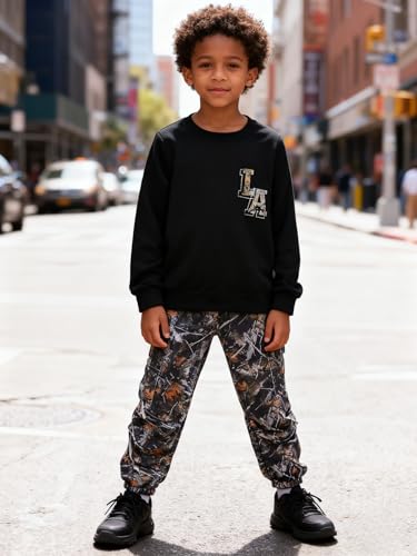Image of Boy Clothes Plant Camouflage Pants LA Letter Print Top Sweatsuit Fall Boys Outfits Set