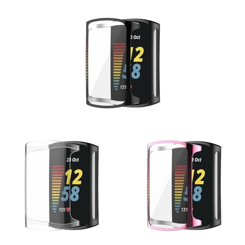 Funda compatible con Fitbit Charge 6, 3 unidades de protector de pantalla de TPU flexible, resistente a los arañazos, carcasa protectora para Fitbit Charge 6/Charge 5 (negro/transparente/rosa)