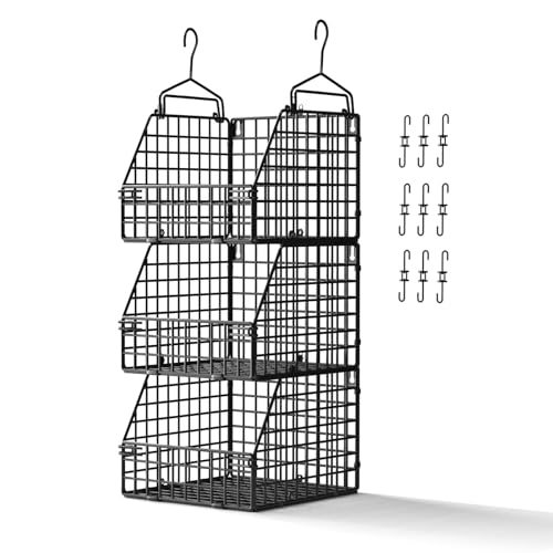 Image of PUPPYCUTE Larger & Deeper Hanging Storage Basket, Closet Organizers and Storage, Hanging Shelves Wire Baskets for Clothing Sweaters Purse Handbags Shoes Black 3 Tier