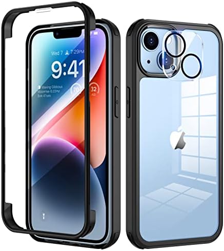 seacosmo iPhone 14 Case 6.1 Inch, Full-Body Shockproof Case with Built-in Glass Screen Protector and Camera Lens Protector Rubber Bumper Phone Case Cover for iPhone 14 2022- Black/Clear