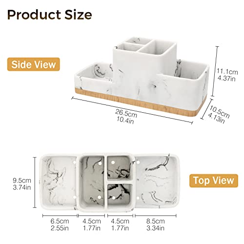 Toothbrush Holder for Bathroom, YMWVH Bathroom Organizer Countertop, Rectangle 5 Compartment Bathroom Accessories Storage for Toothpaste/Shaver and Other Items,White Resin of Marble Color (White)