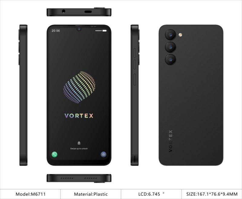 Vortex JK68 Unlocked Android Smartphone, 6.745” HD+ IPS Display, 4GB RAM + 32GB Storage, Dual SIM, Android 14, Black/Grey