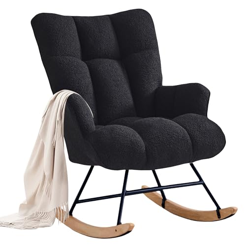 Image of Zedachica Rocking Chair Nursery Teddy Upholstered Glider Rocker Rocking Accent Chair Padded Seat with High Backrest Armchair Comfy Side Chair for Living Room Bedroom Offices (Black Teddy)