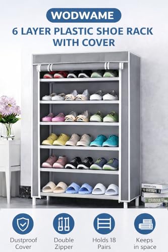 Image of 6-Tier Shoe Rack with Dust-Proof Cover, Black with Gold Trim, Multi-Pair Storage Organiser (Gray)