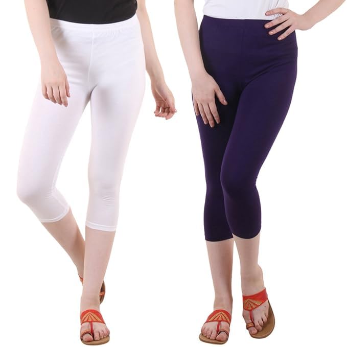 Image of DIAZ Women Cotton Stretchable Capri | Slim /Regular Fit | Breathable Yoga, Gym & Lounge Wear | Mid-Waist Stretchable 3 /4 Length Leggings with Wide Waistband - Pack of 1