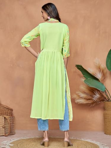 Image of EthnicJunction Women's Georgette Embroidered and Sequence Work Naira Cut Kurta and Dupatta Set