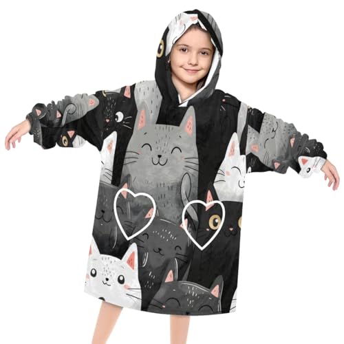 Wearable Blanket Hoodie for Kids, sleek cats Fleece Sweatshirt Blanket Oversized Blanket Sweatshirt with Pocket Flannel Warm Hooded Blanket 6-10 Year Old Girl Boy Gift, One Size