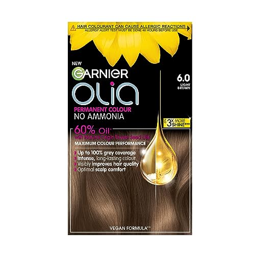 Garnier Olia 6.0 Light Brown oil-powered no-ammonia. 100% grey coverage. Luminous long-lasting vibrant light brown hair color with incredible shine and softness.