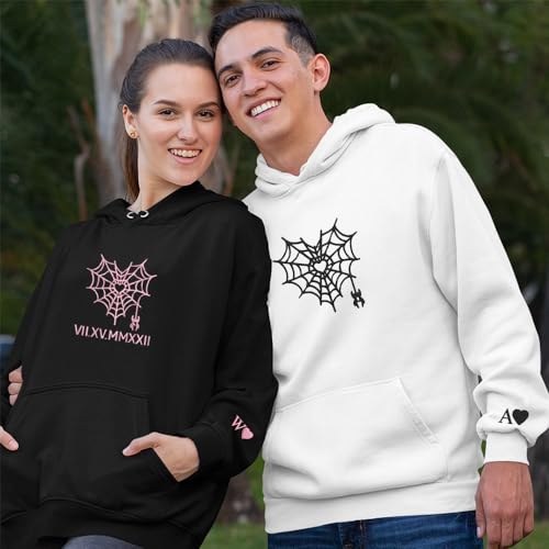 DILYPOD Personalized Couple Embroidered Hoodies, Custom Spider Heart with Initials On Sleeve, Matching Hoodies for Couple, Valentines Day for Boyfriend, Couple Sweatshirt, Gift for Him4