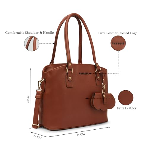 Image of Caprese Lexi Medium Satchel Bag for Women | Solid Faux Leather Handbag with Adjustable & Detachable Strap | Zipper Closure with External Eyewear /Sunglass Charm Case | Perfect for Office Use