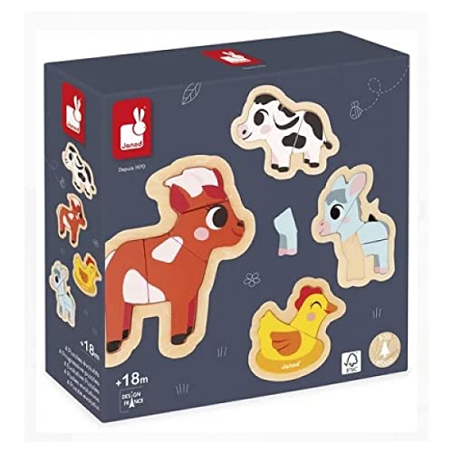 Janod 4 Madera de 2 a 5 Piezas-Puzles Animales de la Granja Niños-Juegos Educativos-Juguetes Estímulo-A Partir de 18 Meses, J07114, Multicolor, Small (JURATOYS