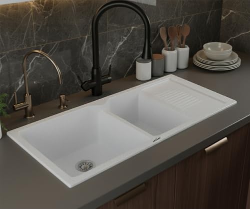 Image of ARQUIN Double Bowl with Drainboard Quartz Kitchen Sink 45x20x9 Inch Sand Pluto | Undermount,Topmount | Including Coupling,Sink Connector,Waste Pipe & Fruit Washing Basket