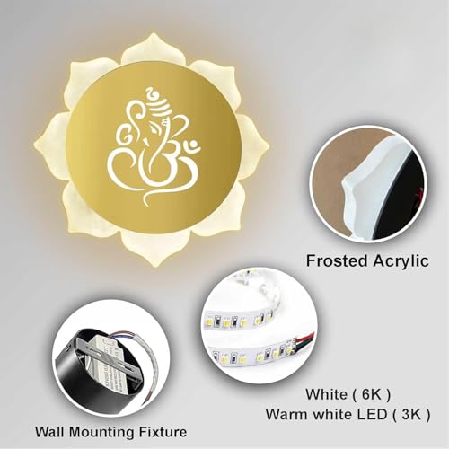 Image of Flower Ganpati LED Wall Light - Gold & Frosted Acrylic | Ideal for Temple, Living Room, Bedroom, Pooja Room, Mandir & Shops - (1 Pack)
