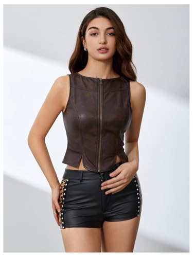 SHENHE Women's PU Leather Zip Up Crop Vest Top Sleeveless Crew Neck Slim Fit Jacket Vest3