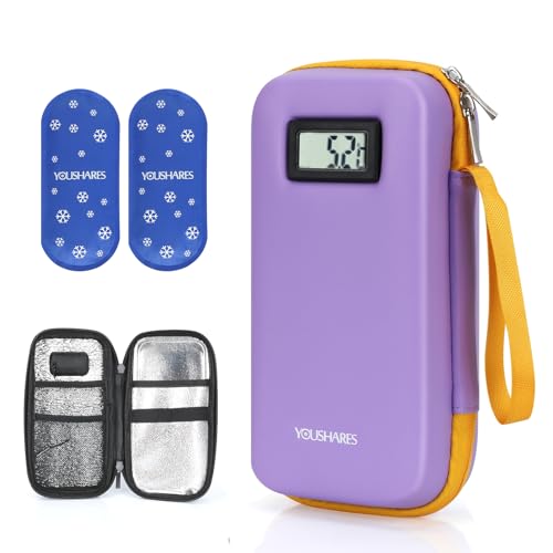 YOUSHARES Nevera Medicamentos Portatil con Indicador de Temperatura, Nevera Insulina Viaje, Nevera Portatil Insulina con 2 Bolsas de Hielo Grandes para Viajes y Uso Diario(Morado)