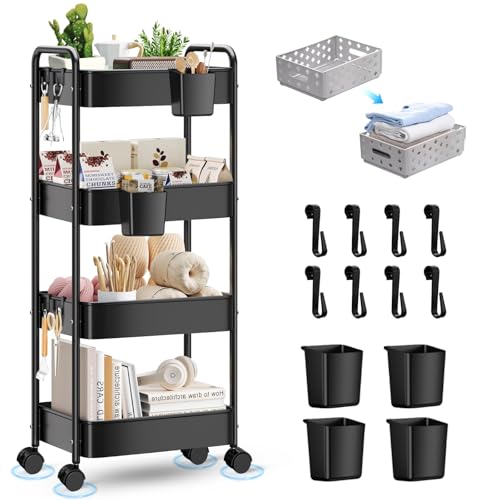GALASALA Carrito Organizador, Carrito Organizador con Ruedas de Metal 4 Niveles, Carritos Auxiliar con 4 Cestas Colgantes, 8 Ganchos y Caja Plegable, Carritos de Servicio para...