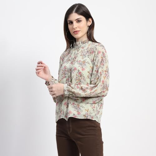 Image of Madame Frill Neck Button Down Mint Floral Print Top