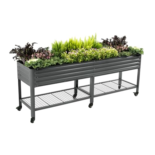 Rolling Elevated Raised Garden Bed-V Series, 2' x 8' Garden Beds with Legs & Storage Rack for Patio & Porch, 1400 Lbs Weight Capacity, Outdoor Planter Box for Vegetables Flower Herbs, Modern Gray
