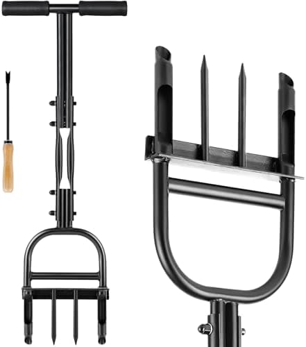 Hermsche Lawn Aerator Coring Tool, Manual Plug Core Aerators with Cleaning Stick, 2 Half-Open Hollow Slot Tines and 2 Spike Heavy Duty Grass Aeration Tool for Soils Yard Garden
