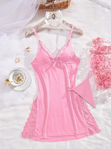 Image of Foxiny Sexy Split Side Floral Lace Trim Full Slip Night Gown Babydoll Lingerie Dress with Thong 2 piece