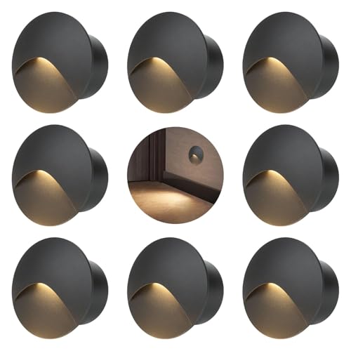 FWoche 8 Pezzi segnapasso led 3W 3000K Alu, Applique da Parete LED incasso per scale, 60mm IP44 luci scale con scatola da incasso illuminazione da parete, per Interno esterno giardino, guscio nero