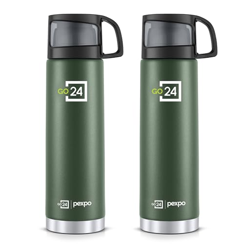 Pexpo Stainless Steel Water Bottle 1 LTR (Pack of 2), ISI Certified, Hot & Cold Flask with Jute Bag | 3 Layer Insulation | 2 Year Warranty | for Office, Travel, Picnic | Fererro | Military Green