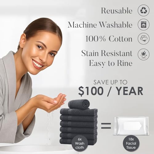 Image of DAN RIVER 12-Pack Premium 100% Cotton Dark Gray Face Towels for Bathroom - Reusable Face Wash Cloths for Showering 12x12 Inches - 550 GSM Super Soft & Absorbent Luxury WashCloths for Body, Spa & Gym