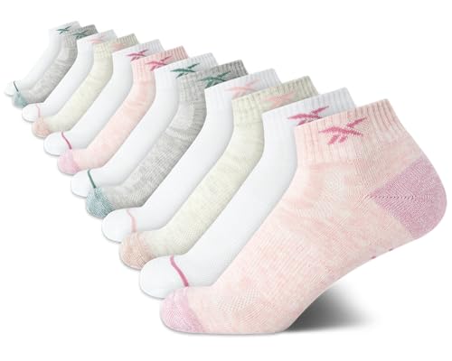 Image of Reebok Womens Quarter Socks Moisture Wicking Cushioned Ankle Socks, 12 Pack | Stretch Performance Fabric, Cushioned Heel & Toe, Secure Arch Support, Quarter Cut, Shoe Size 4-10