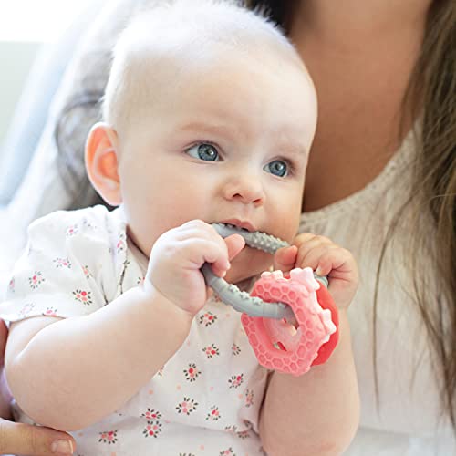 Image of Bumkins Baby Teething Freezer Toy Keys Rings, Soft Flexible Pacifier to Chew, Cool Teether Gum Relief, Babies 3 Months, Freezable Platinum Silicone, Sensory Bracelet with Charms, Pink and Gray