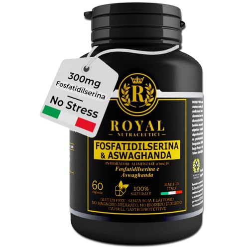 Integratore con Fosfatidilserina 300 mg e Ashwagandha 600 mg per dose – Memoria, Concentrazione, Cortisolo, Sonno e Stanchezza – 60 Capsule – Vegan – Made in Italy – ROYAL NUTRACEUTICI