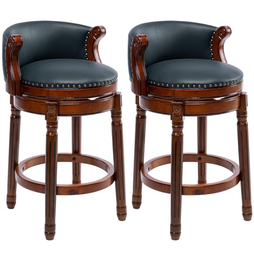 Image of Cow top Leather Wooden Bar Stools, 29.5 inch Bar Height Bar Chair with Back, 180 Degrees Swivel Barstools Chair for Home Kitchen Counter,Dining Room (Dark Blue 2pcs, Counter Height-Seat Height 26 inch)