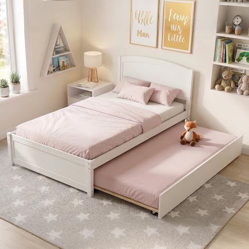 Image of Xilingol Trundle Bed Twin, Solid Wood Bed Frames with Headboard and Wooden Slats Support, Twin Trundle Bed Frame Roll Out, Single Box (No Box Spring Needed)