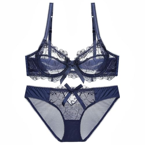 Image of MOONBADI Womens Bras Blue Ladies Full Cup Lace Underwired Bra Soft Cup Full Coverage Non-Padded Push up Women’s Bra Set Plus Size 38C