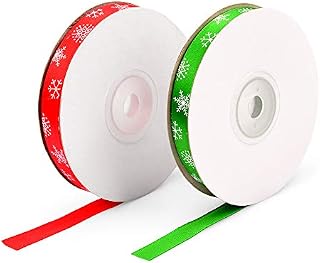 Total 50 Yards Christmas Ribbon 1cm 2 Rolls Satin Ribbon with Snowflake Pattern for Holiday Hair Bows Gift Wrapping (Red and Green)