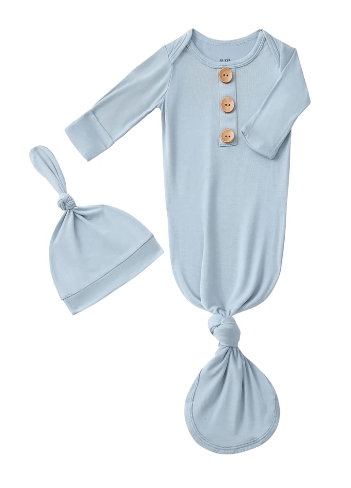 SUZELNewborn Baby Boys Girls Knotted Gown Hat Set Soft Bamboo Viscose Infant Sleeper Baby Sleep Gown with Mittens