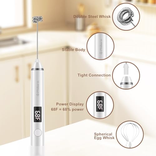 Image of Philorn Milk Frother Wand Handheld Rechargeable Electric Whisk Coffee Drink Mixer, Mini Foamer for Lattes, Cappuccino, Frappe, Matcha, Hot Chocolate, Protein Powder, Keto Diet (White 2 Heads)