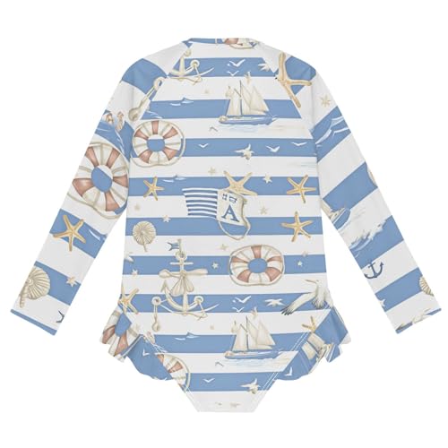 Girls One Piece Swimsuits Long Sleeve Swimsuit Zipper Bathing Suits Nautical Stripe Coastal2