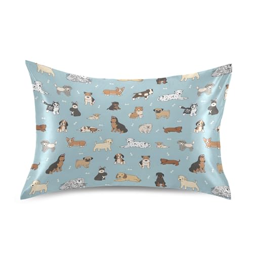 Funda de almohada de satén verde con diseño de cachorro de dibujos animados para el cabello, tamaño estándar, Queen King, funda de almohada refrescante para el hogar, cama, sofá, tamaño estándar, 26 x