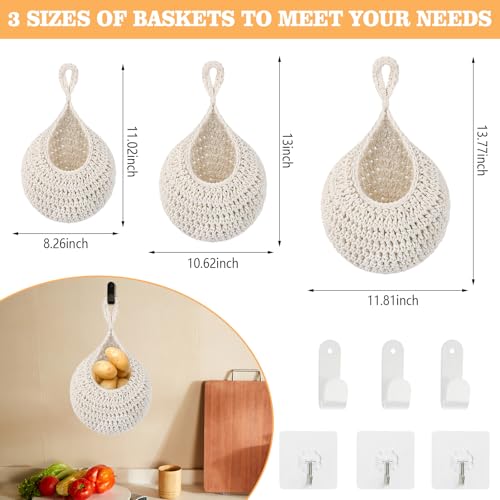 Hanging Fruit Baskets for Kitchen - 3 Pack Boho Wall Hanging Basket (Off white) — view 3