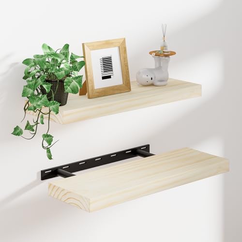 Heimlove 24 inch Floating Shelves for Wall,2 Packs Natural Pine Solid Wood Bathroom Shelf Over Toilet Decor and Storage 8 inches Deep for Kitchen Bedroom Office & Living Room Display Wall Decor