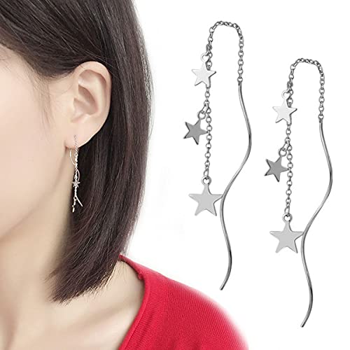 4 Pcs Star Chain Tassel Threader Earrings for Women Silver Lightweight Star Beaded Curved Ear Line Wave Dangle Drop Earrings Minimalist Charm Long Threader Earrings Set2